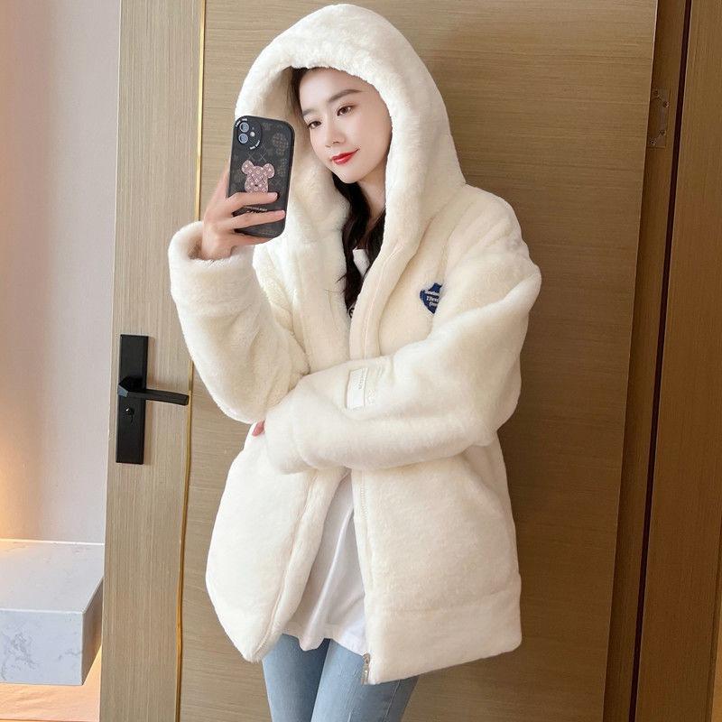 Autumn and Winter New Imitation Lamb Wool Thickened Loose Medium and Long Imitation Fur Coat Women's Plush Hooded Coat
