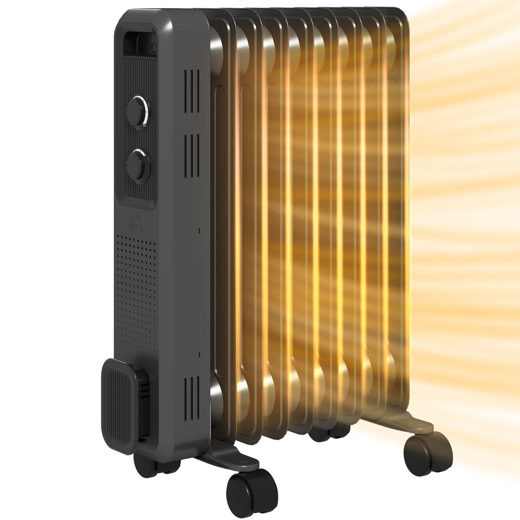 2000W Oil Filled Radiator, 9 Fin, Portable Electric Heater with 3 Heat Settings, Safety Cut-Off and Wheels, Grey