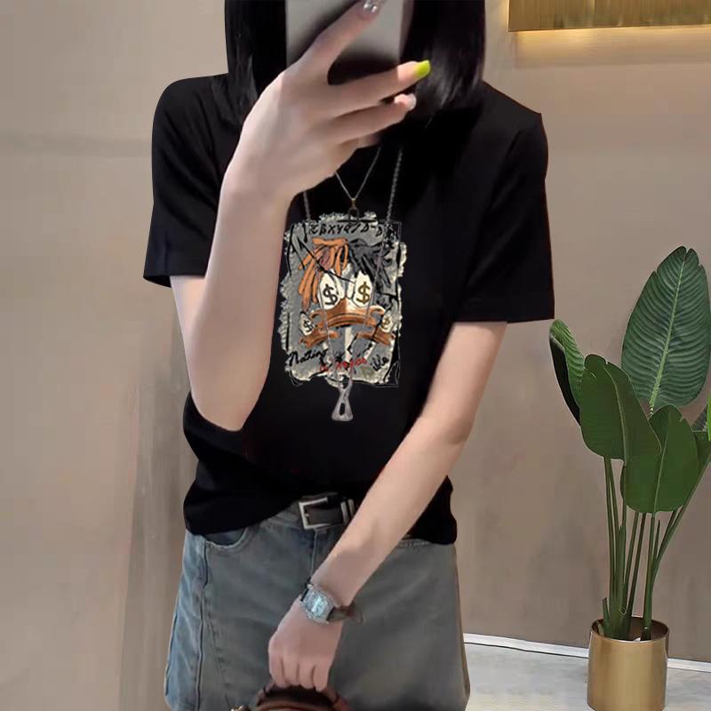 2025 new shoulder pure cotton cartoon short-sleeved T-shirt women's fashion versatile and thin apricot top bottoming shirt summer