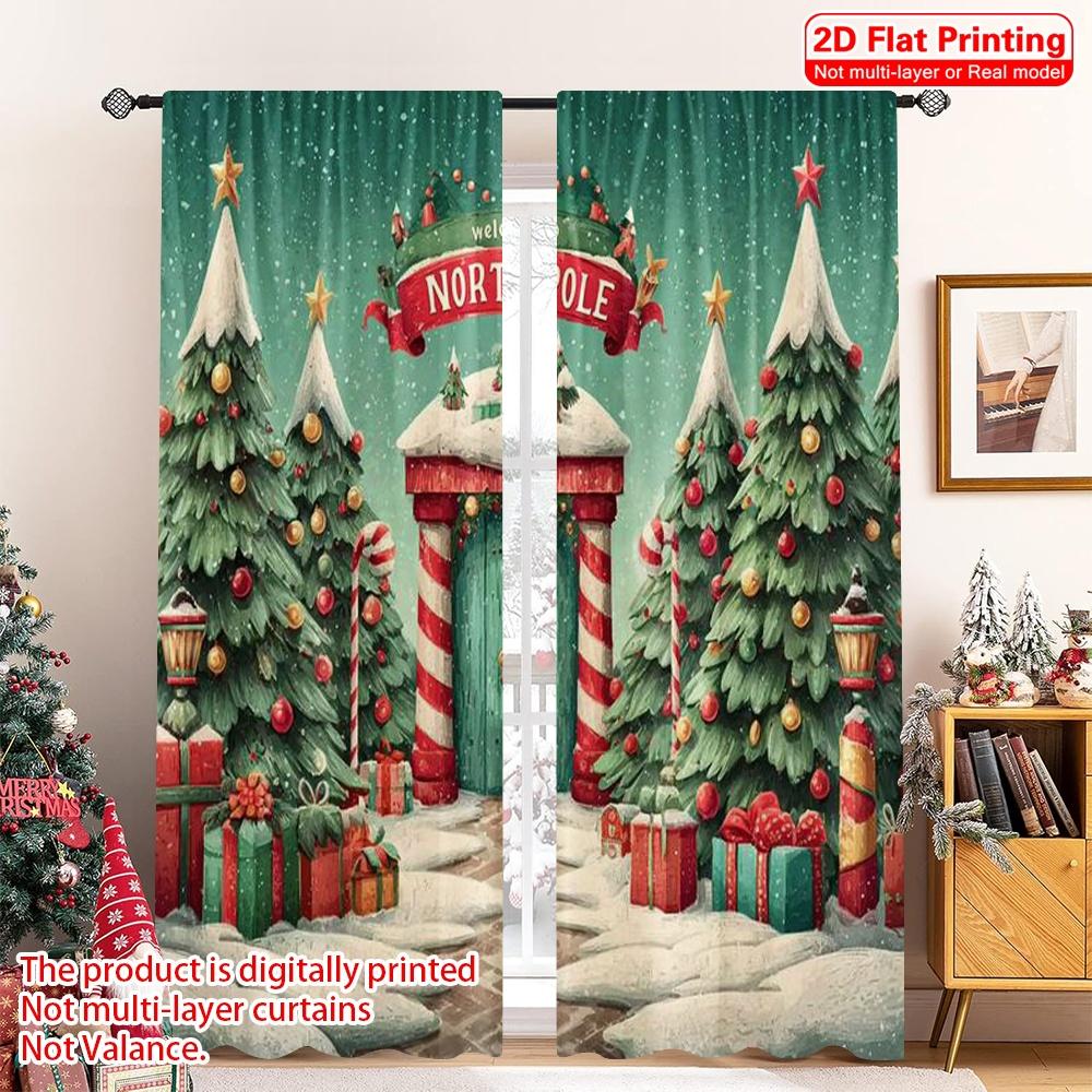 

2pcs 2D flat printing Christmas Scene Curtain Christmas party Machine Washable Polyester Without Electricity Family Party 100*130 Grommet Top 1pcs
