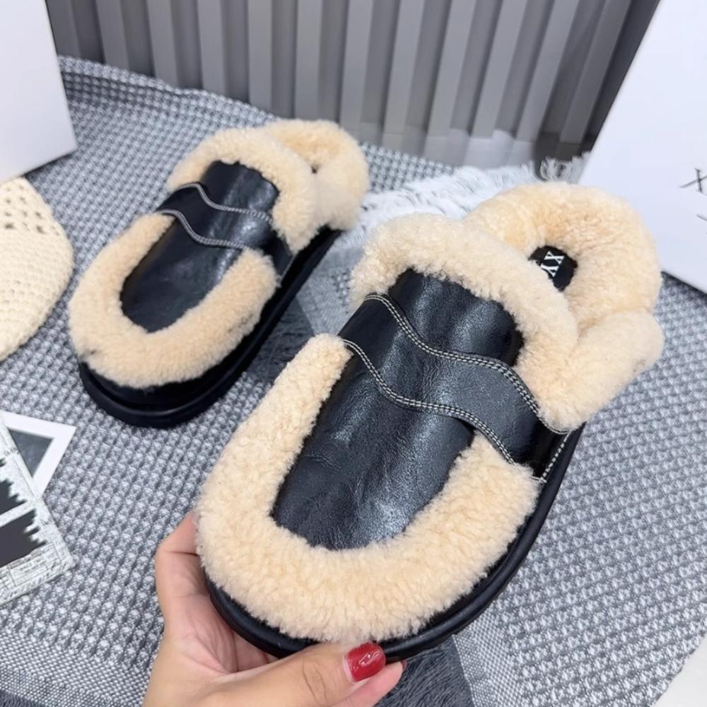 Fashion Flats Platform Cotton Slippers Women Fur Mules Shoes 2024 Winter New Plush Warm Slides Trend Soft Leather Cozy Casual Shoes