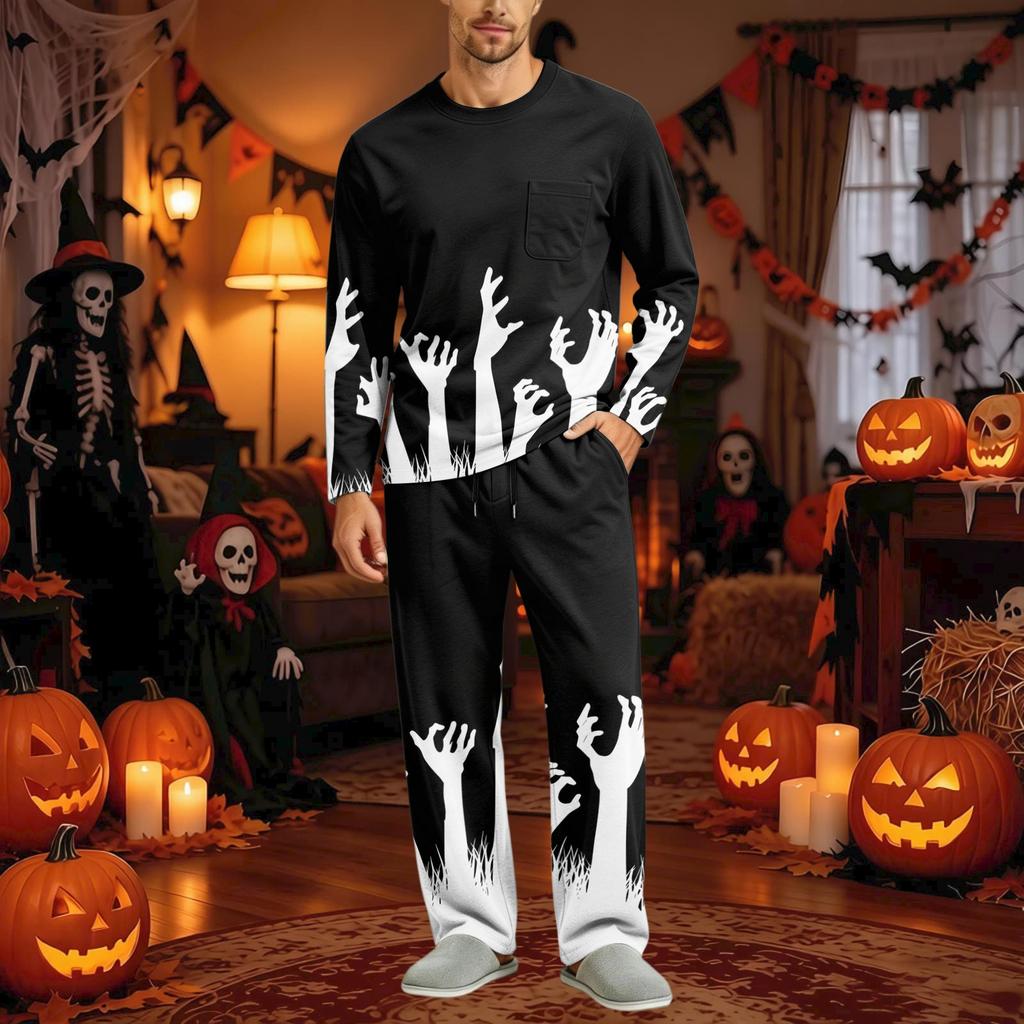 Men's Halloween Pajama Set Long Sleeve with Button Crotch and Elastic Waist Drawstring for Holiday Sleepwear