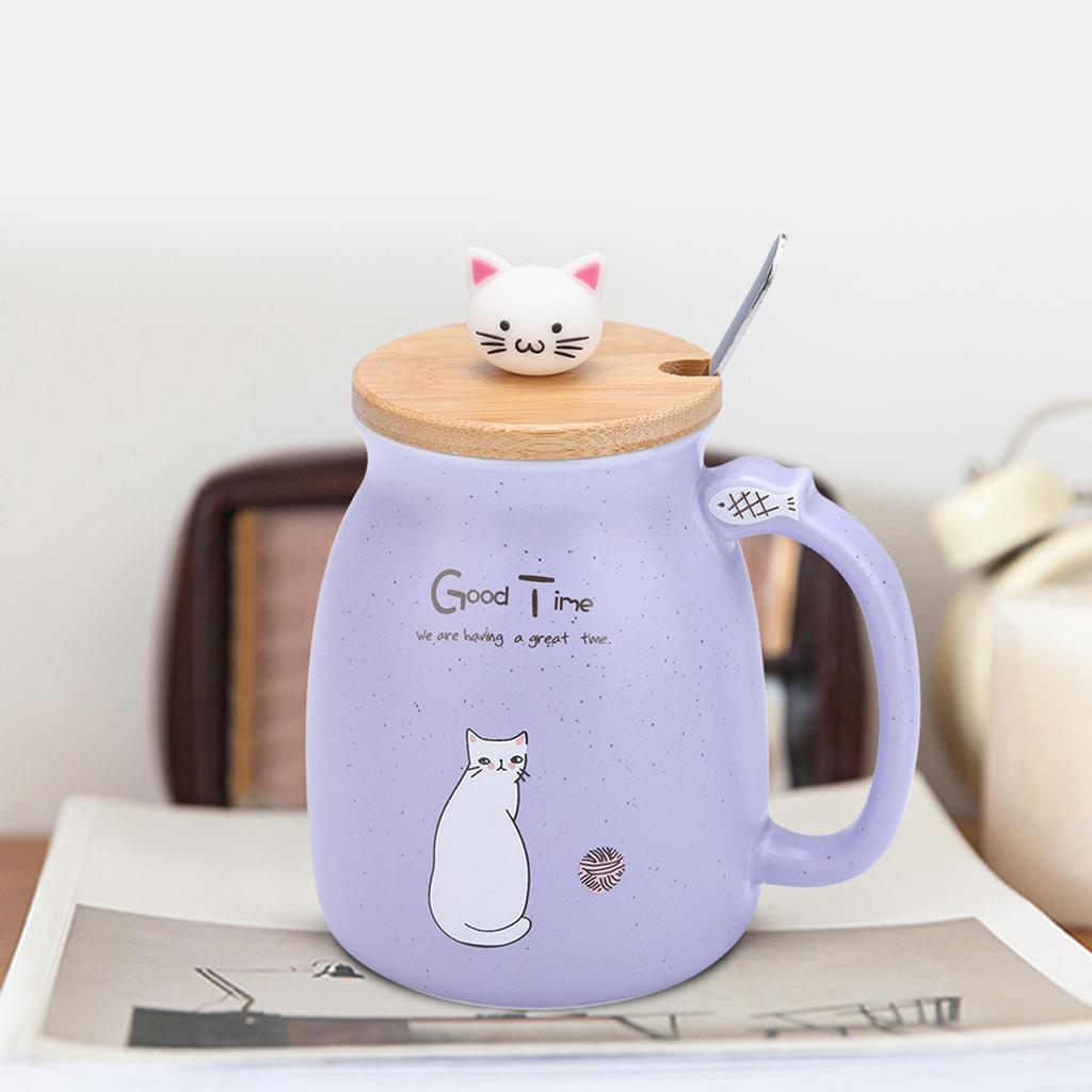 1Pc Lovely Cat Ceramic Cup with Spoon and Lid  Coffee Water Milk Mug for Drinkware Gift(Pink)