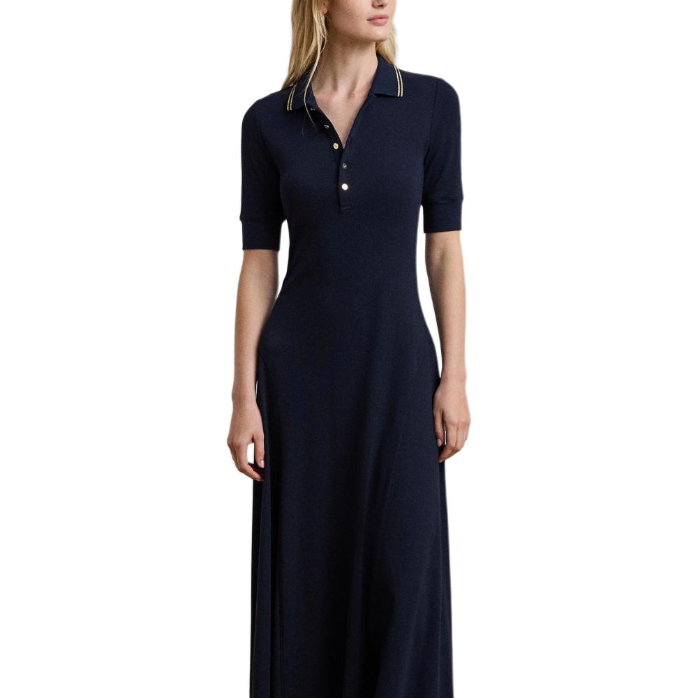 Polo Ralph Lauren Ribbed Embroidered Midi Short Sleeve Dress Women Dresses Navy-Blue 200957638-001