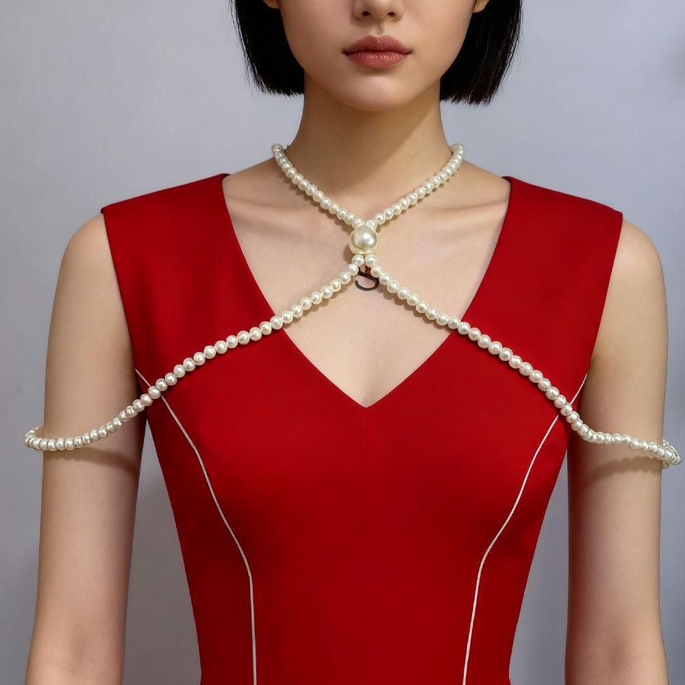 Beaded Collar Imitation Pearl Shoulder Chain Imitation Pearls Body Necklace Casual Outfit
