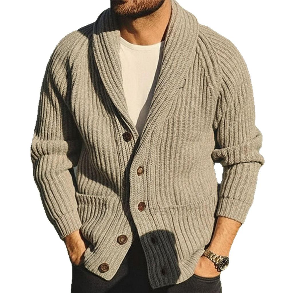 Herr Retro 1950-tal Enfärgad Revers Långärmad Stickad Tröja