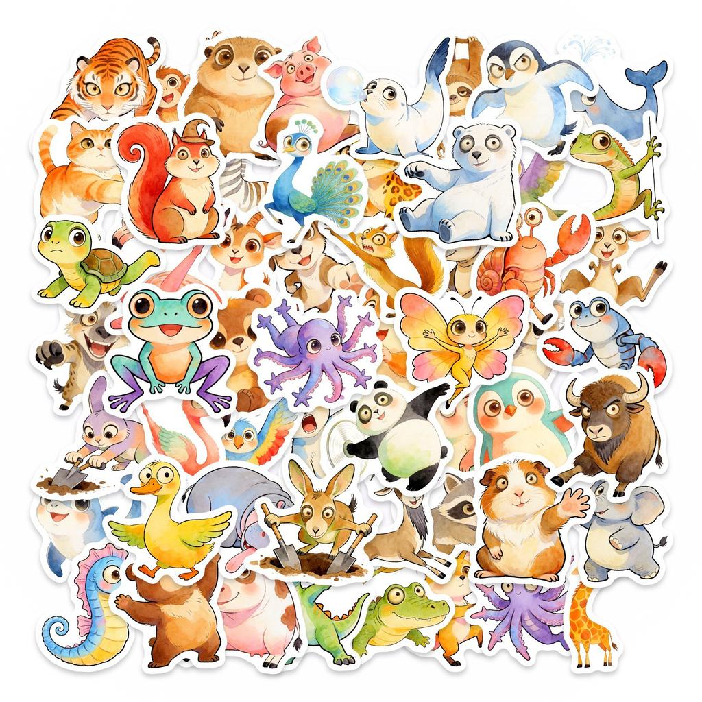 50 Watercolor Fun Cute Pet Animal Stickers Multi-Healing Animal Hand Account Mobile Phone Computer Decoration Material
