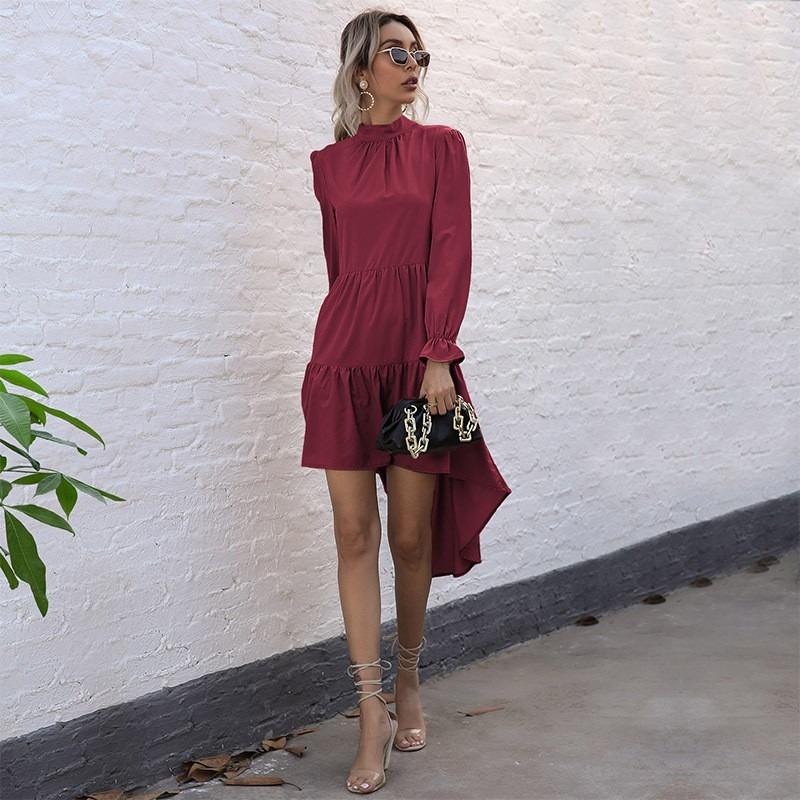 YYFS Women's Fashion Spring Fall Solid Color Print Long Sleeve Half Turtleneck Middle Waistline Casual Dresses