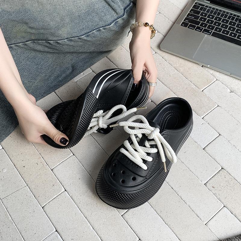 

Летние женские тапочки на платформе со шнуровкой, мягкие противоскользящие женские шлепанцы из ЭВА для пляжа и улицы, сандалии на толстой подошве 35-36 чёрный