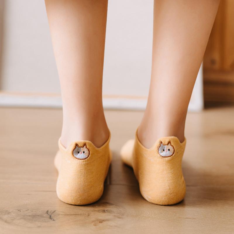 5/10 Pairs Women's Ankle Socks Cartoon Embroidery Cat Funny Short Socks Fashion No-Show Low Cut Soft Casual Female Boat Socks