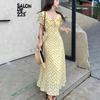 Retro V-neck Slimming Floral Print Midi Dress for Women Short Sleeve Ruffles Splice Temperament Vacation Long Dress