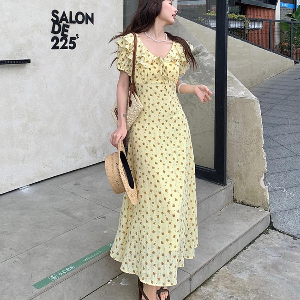 Retro V-neck Slimming Floral Print Midi Dress for Women Short Sleeve Ruffles Splice Temperament Vacation Long Dress