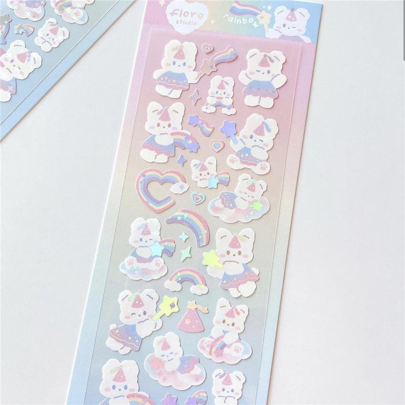 Gukka Korean Cute Rabbit & Four-Leaf Clover Glitter Stickers - Pudding & Rainbow DIY Stanning Set