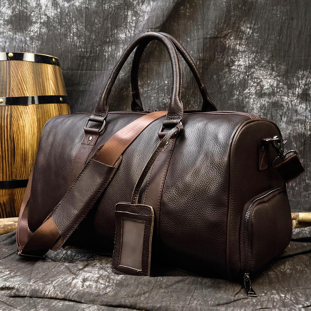 Men'S Leather Travel Bag Waterproof Lining Fitness Bag Dry And Wet Separation Cowhide Duffel Bag With Shoe Position Shoulder Bag