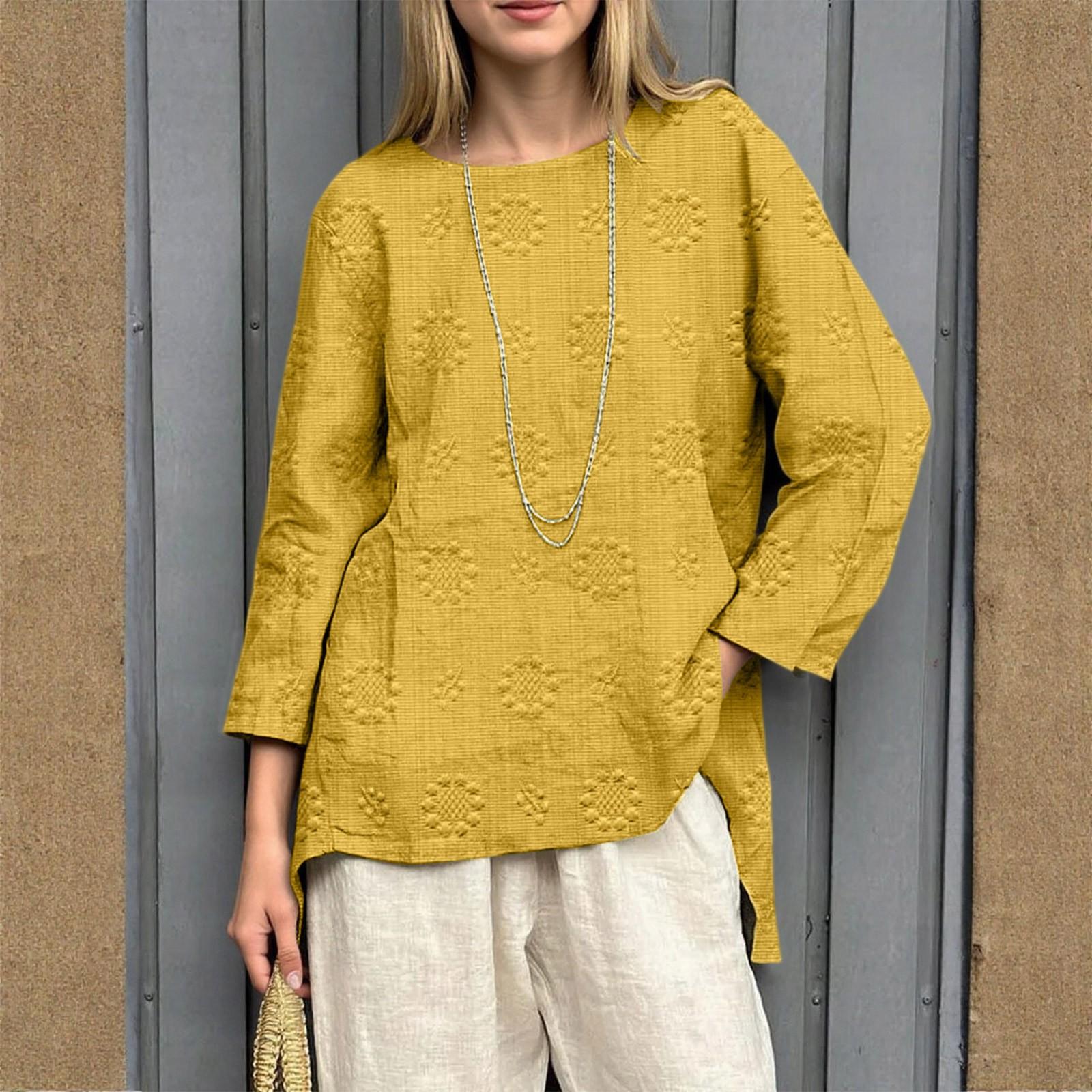 

Женский свободный топ из хлопка и льна с ретро-принтом, круглым вырезом и длинными рукавами M