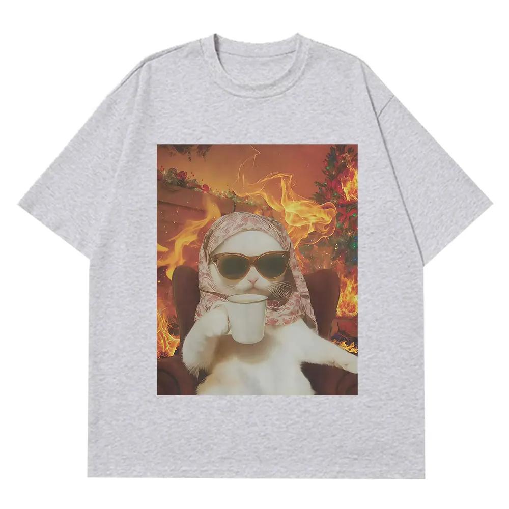 I Chill Cat Xmas Funny Cat Meme Tshirt Men Women Casual and Loose Tshirt Summer Cotton Hiphop Aesthetic Fashion Tshirts Tops