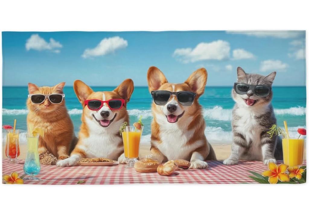 Cats Corgis Dogs Beach Sunglasses Beach Towel, Cute Pets Oversized Quick Dry, Sand Free Lightweight Travel Pool Mat