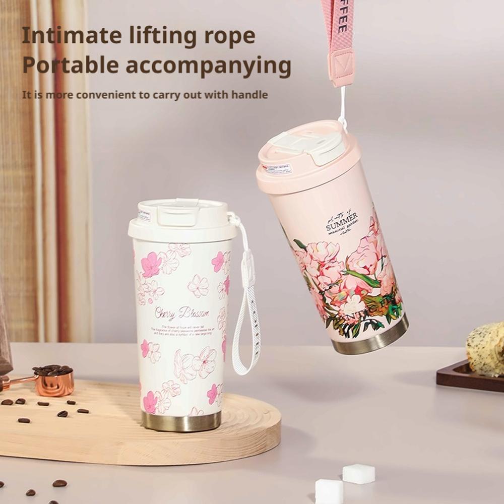 Floral Boho Coffee Tumbler 500ml, Summer Sunflower Flower Thermos Coffee Cup Travel Mug With Leakproof Lid Double Wall Vacuum