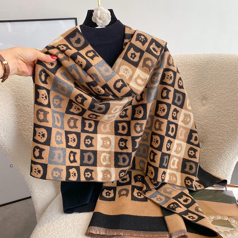 Liangsu Women s Cat Pattern Double-Sided Imitation Cashmere Scarf