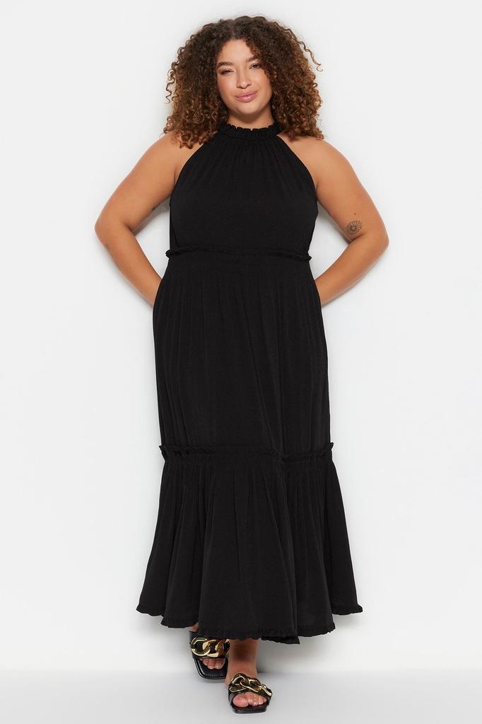 Women's Style Plus Size Black Halter Neck Woven Dress