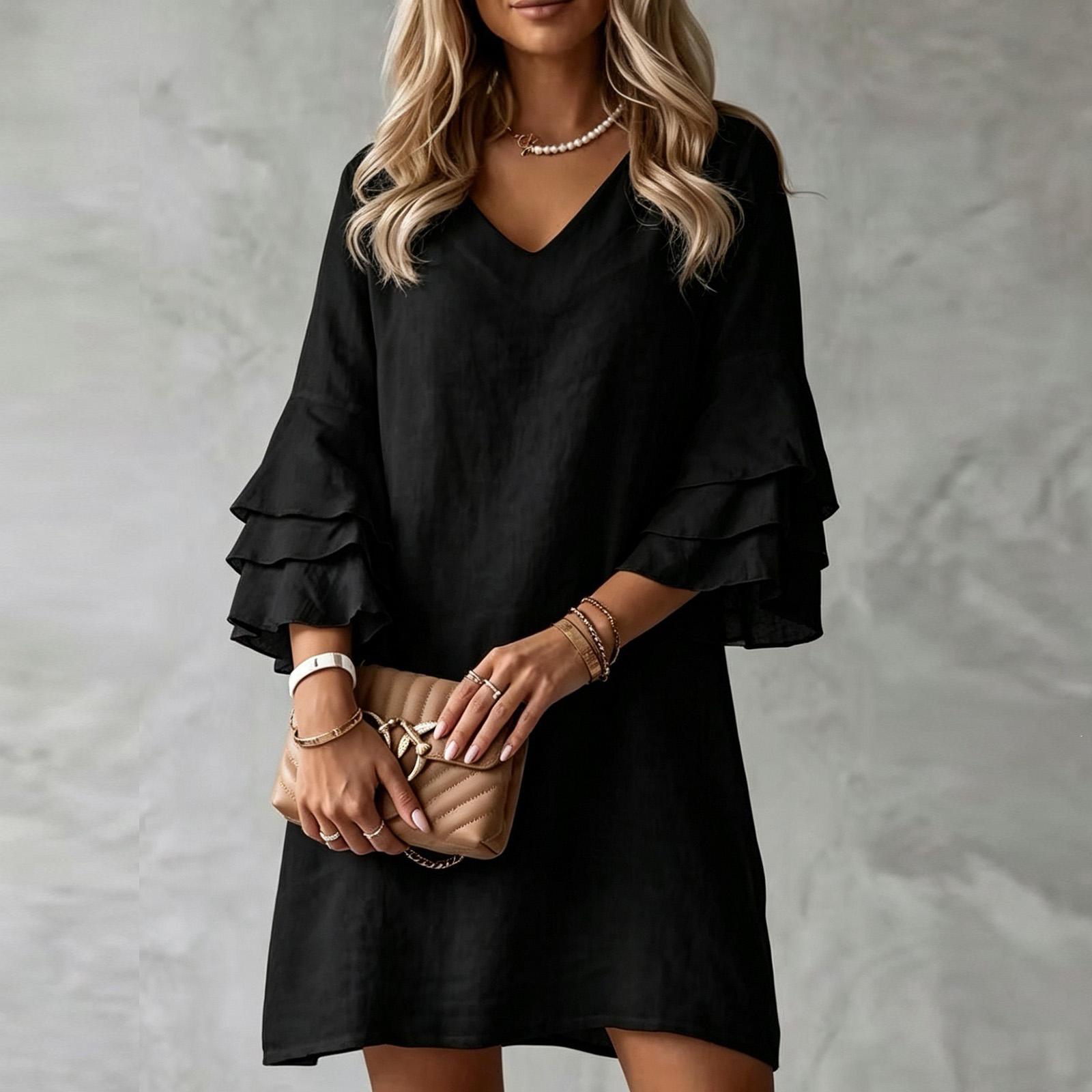 Women s V-Neck Double Layer Ruffle Flared Dress Color S чёрный