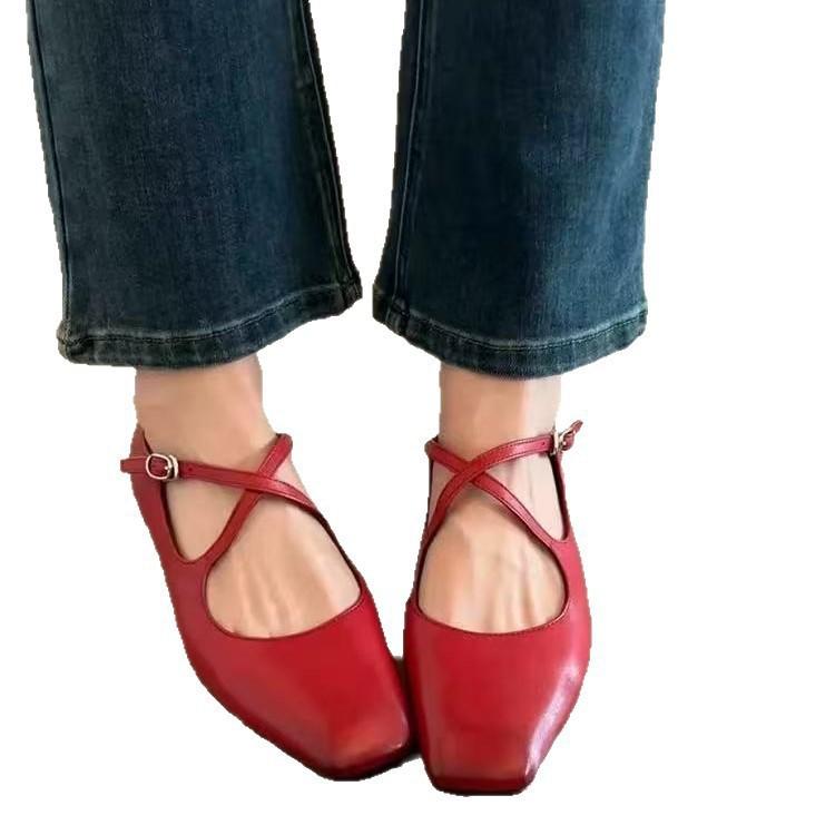 Sheepskin Version~ Flat French Evening with Skirt Single Shoes Women's Shoes Retro Square Head Mary Jane Shoes Commuter Grandma Shoes