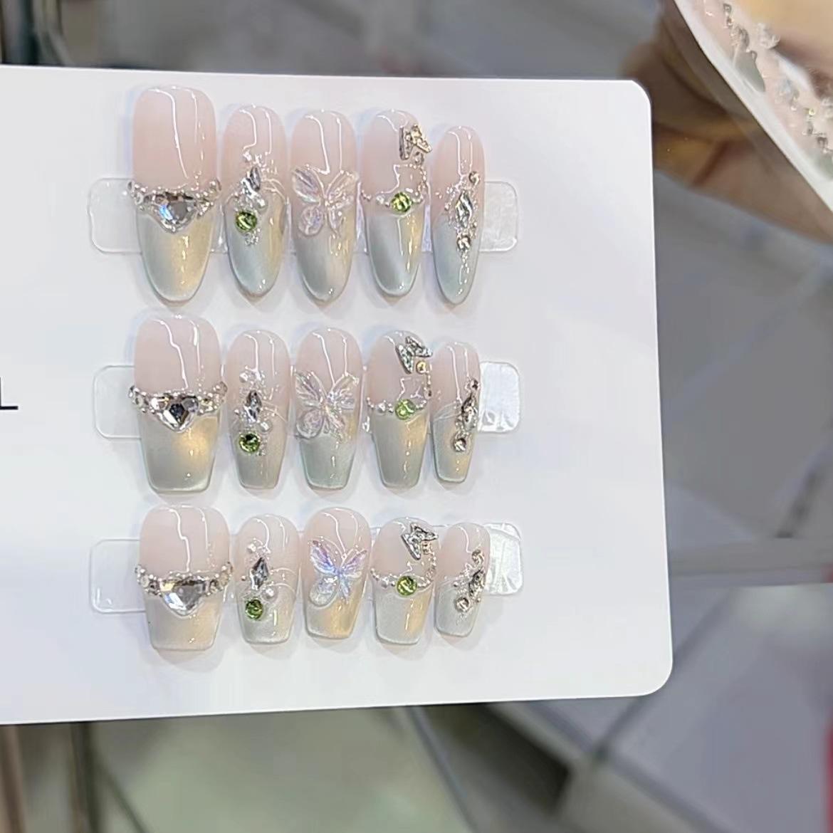 

Pure Hand-made Phototherapy Wear Manicure Cat Eye Green Butterfly Original Finished Product Reusable Patch large L