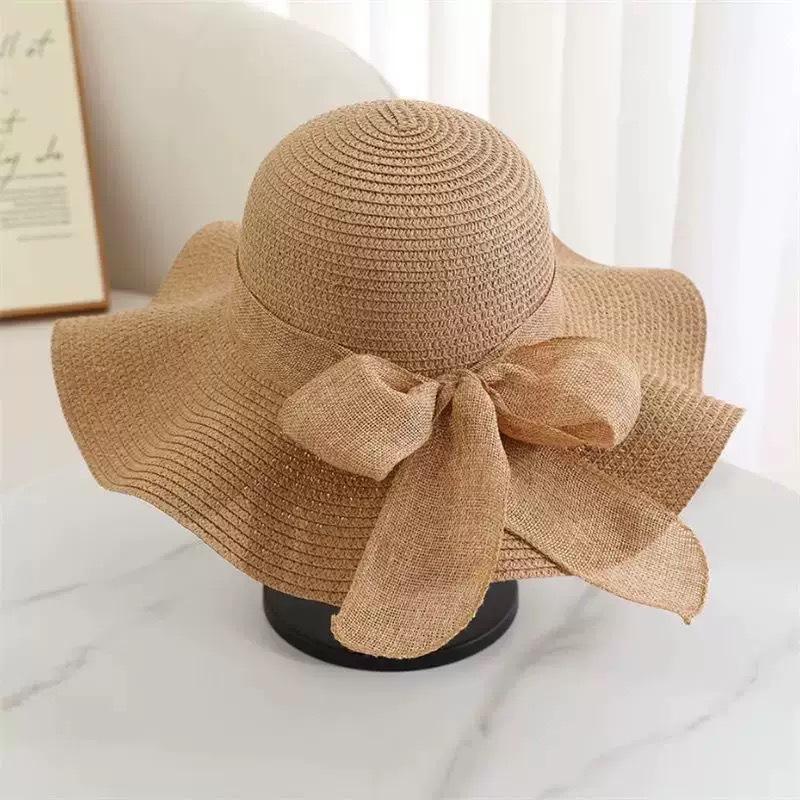 Flat-top straw hat women's straw top hat, new summer big-brimmed sun hat, seaside vacation sun hat