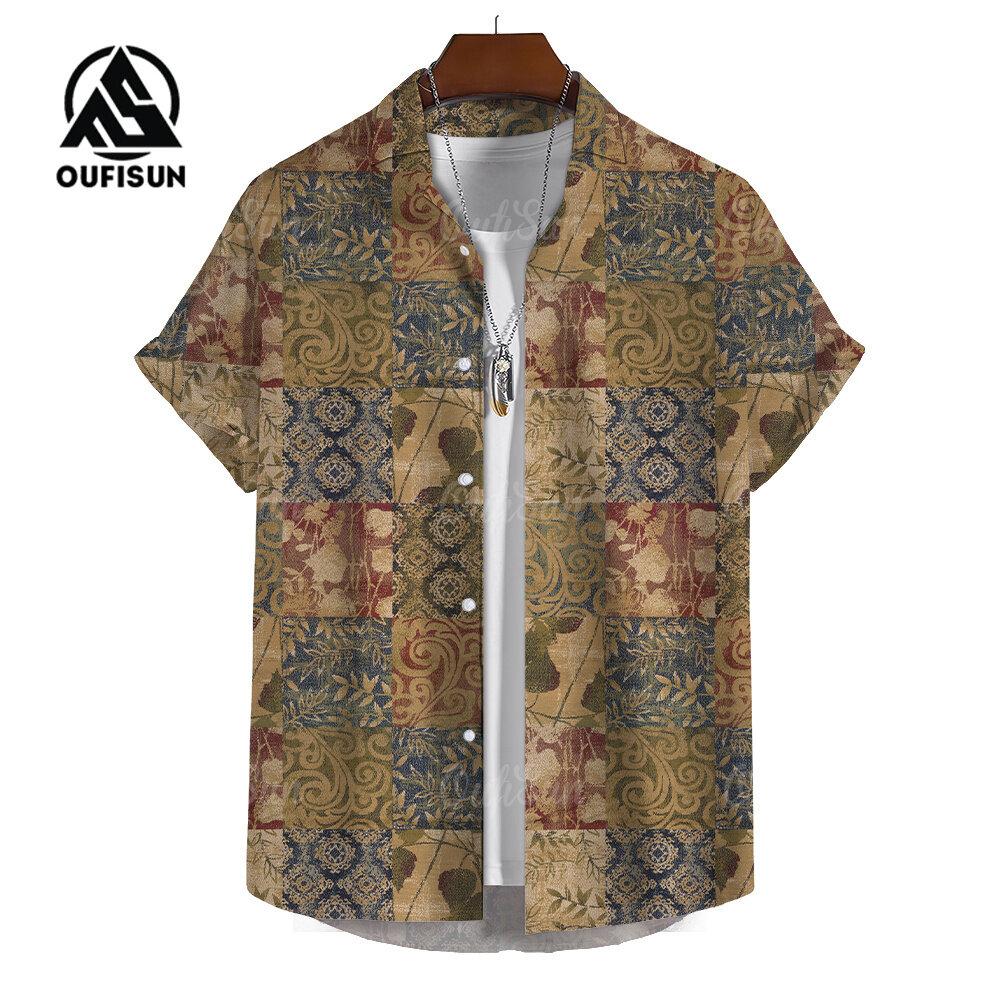 

Летняя мода в стиле бохо с принтом в стиле пэчворк, мужские повседневные рубашки с коротким рукавом, рубашки свободного покроя для отпуска и путешествий 3XL