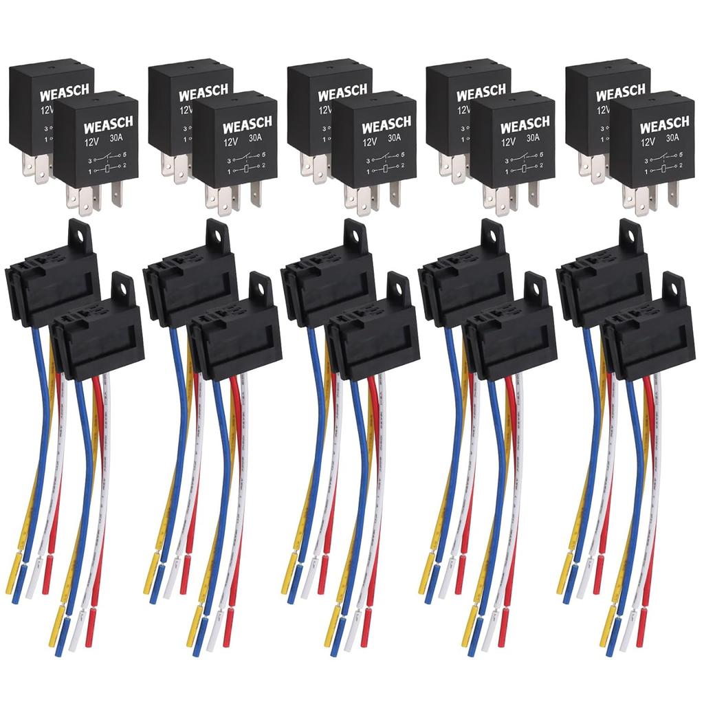 5 Pack Heavy Duty Standard Relay, 12V 30A, SPST 4Pin, with Wire Socket Plug Harness, Multi-Purpose Replacement Automotive Relay (5)