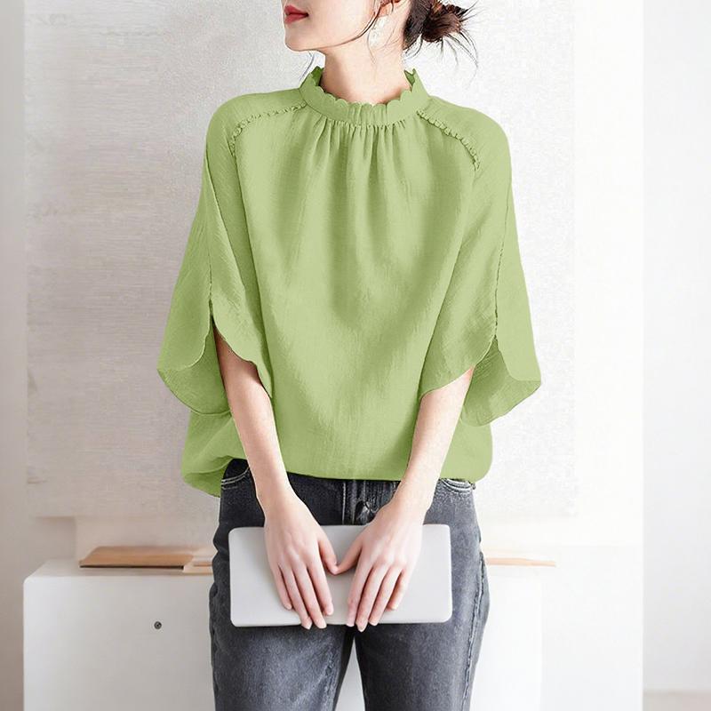 ZANZEA Women Casual Stand Collar Loose 3/4 Sleeve Solid Blouse