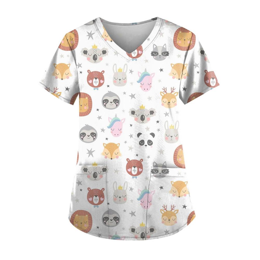 Women's Clothing Cartoon 3D Print V-neck Women's Working Clothes Tops Short Sleeve With Pockets Carers Medical Nurse Uniform