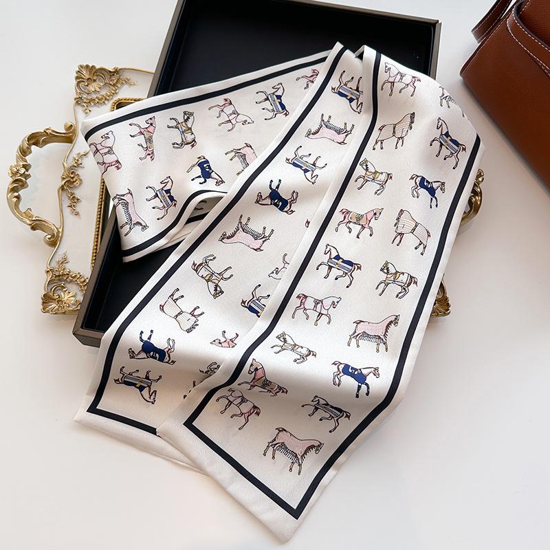 Écharpe Châle Satiné Imprimé Motif Cheval Mode Luxe Long Étroit Petites Écharpes Bandeau Foulard pour Dames