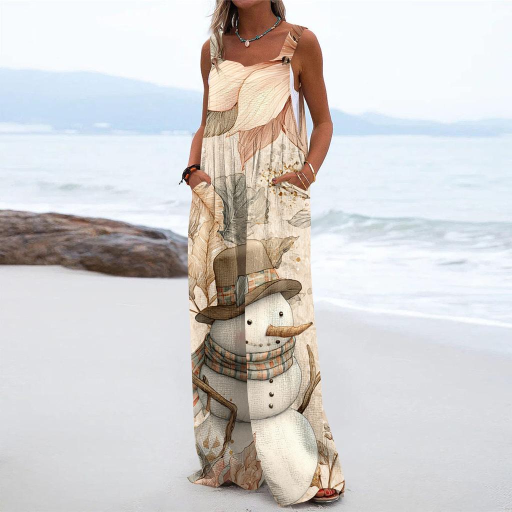 Women's Christmas Print Solid Wide Leg Strapless Tank Pocket Casual Onesie