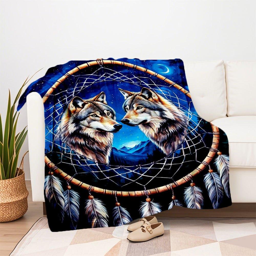 Dream Catcher with Wolves - Handmade Native American DecorBlanket Flannel Throw Blanket for Sofa, Bed, Travel, Camping, Office, Couch, Chair