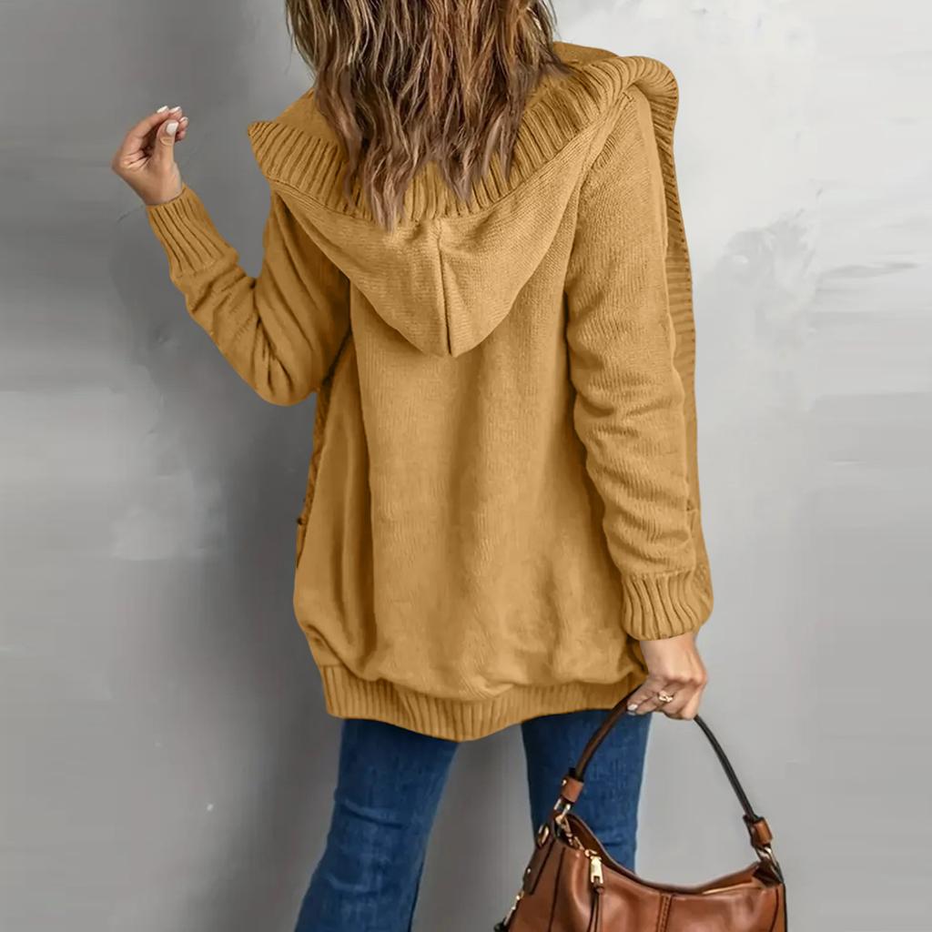 Women's Solid Color Long Sleeved Casual Pocket Knitted Sweater Cardigan Jacket