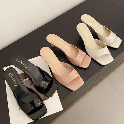 Patent Leather High-heeled Cool Slippers Women's 2025 Summer New Versatile Thin Heels Square Toes Sexy Outer One-word Slippers