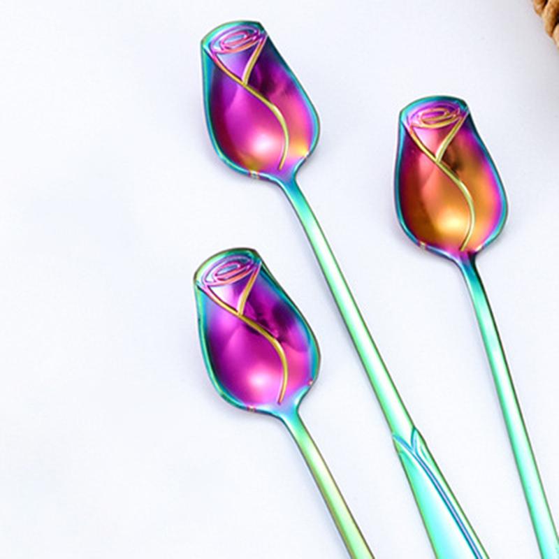 2Pcs Rose Flower Stirring Spoon Set Stainless Steel Ice Cream Spoon, Multi-color (BPA Free, No FDA)