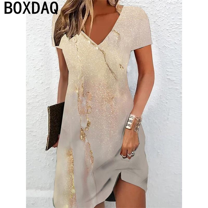 Women Summer Short Sleeve V-Neck Dress 3D Vintage Floral Gradient Elegant Dress Big Size Casual A-Line Dresses