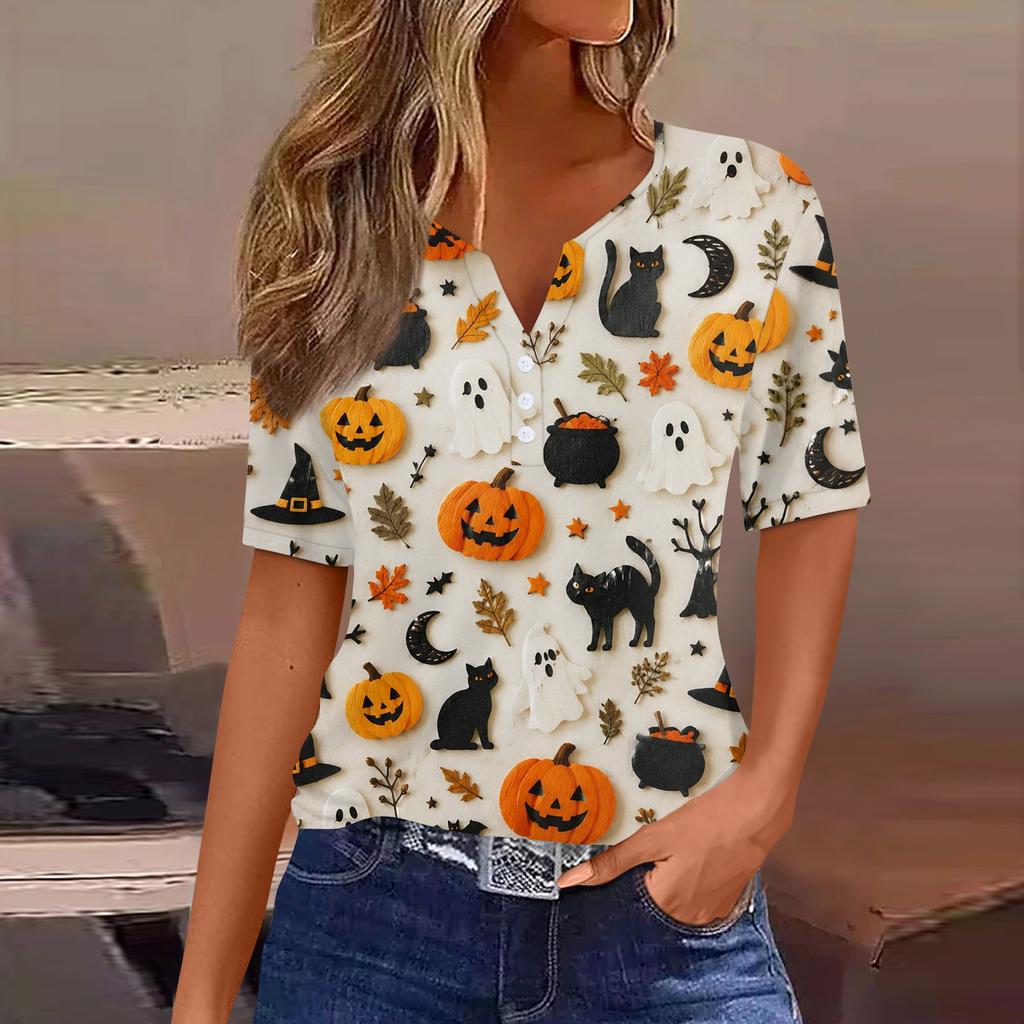 Women's Casual Halloween Print V Neck Short Sleeve Button Down T Shirt Top Lightweight Comfortable Fit