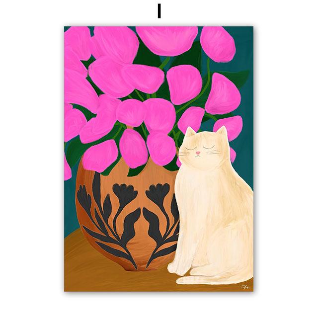 Fashion Colorful Cat Vase Leaf Flower Illustration Wall Art Canvas Painting Abstract Plant Posters Prints Pictures for Kids Room
