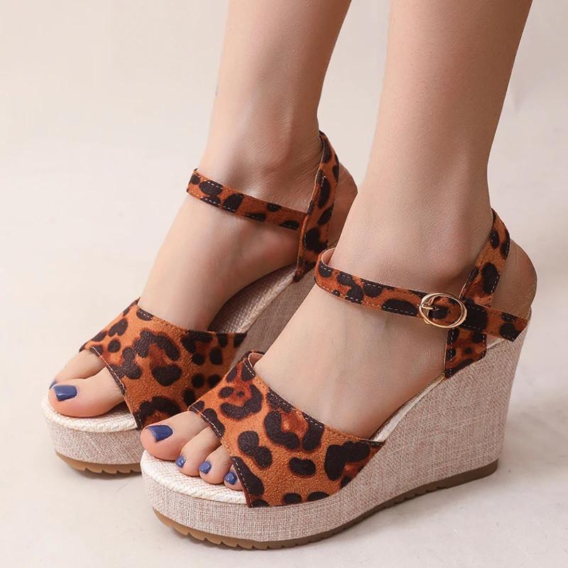 Fashion Vintage Leopard Print Platform Sandals for Women Summer Buckle Wedge High Heel Sandal Female Outdoor Anti-Slip Sandalias Mujer