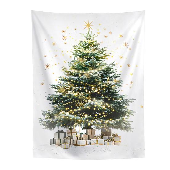 Festive Window Hanging Merry Christmas Tapestry, Wall Fabric Backdrop, Xmas Tree Winter Holiday Party Scene Decoration Art for Living Room,