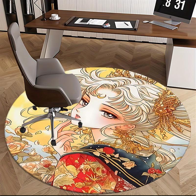 1pc Anime Design Round Carpet Office Chair Mat, Non Slip Rug with Floral Patterns for Home Decor, All Seasons