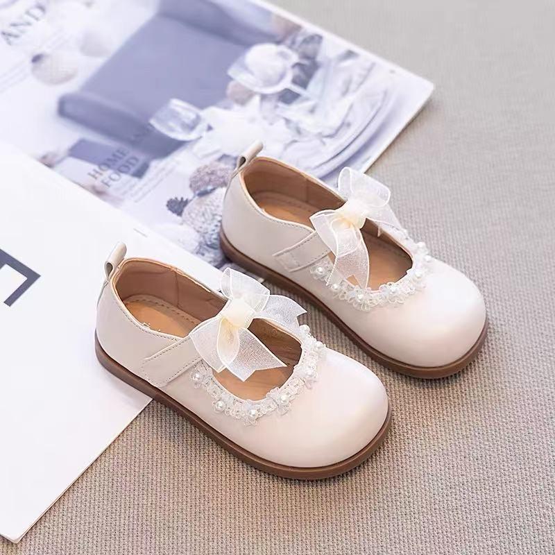 Girls Princess Shoes 2026 White Low-Heel Dress Kids With Bow Soft Rubber Sole Closure