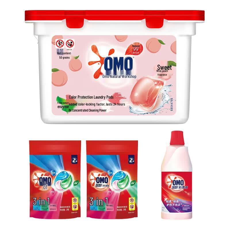 OMO Natural Workshop Peach Laundry Capsules & Color Bleach Set