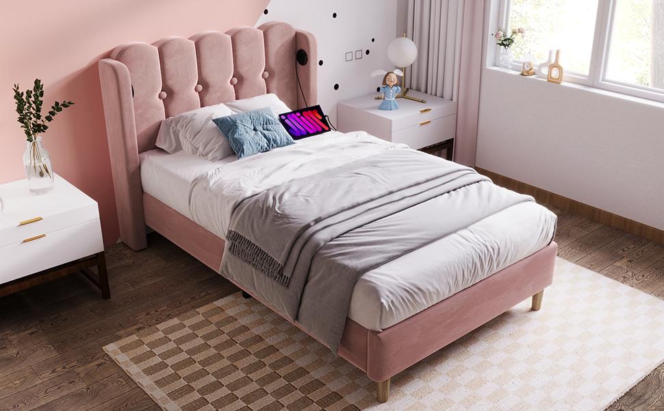 Upholstered Bed Single Bed with USB Type C Charging Function, Bed Frame with Slatted Frame, in Pink, 90 x 200 cm Youth Bed - Velvet (With Mattress)