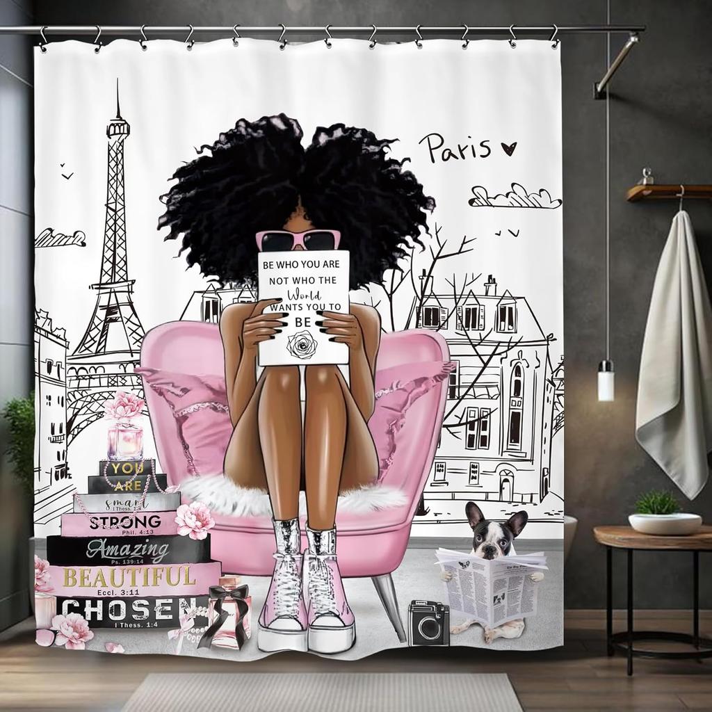 African American Olive Green Shower Curtain Black Girl Flower Oil Painting Art Bathroom Accessories Decoration with 12 Hooks