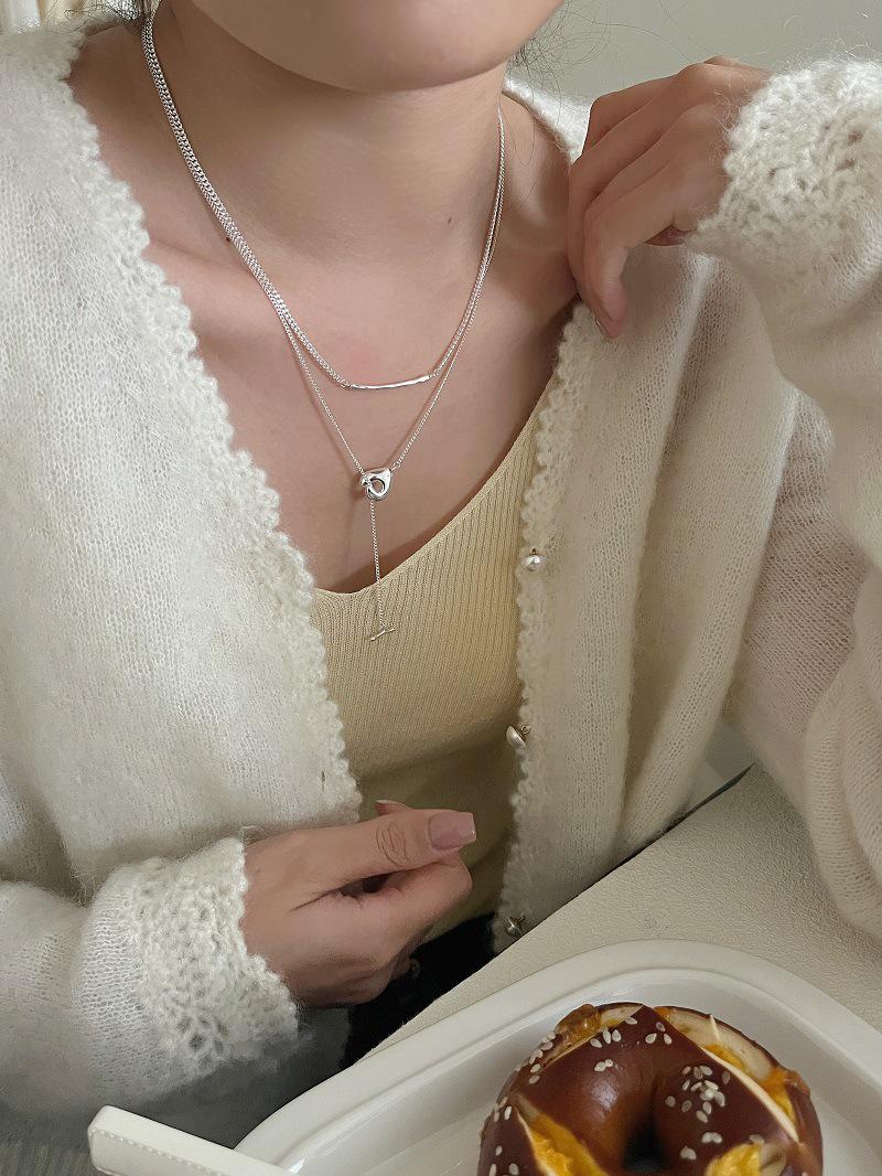 S925 Sterling Silver Double Layer Round Chain Necklace with Irregular Hollow Pendant 925 Silver