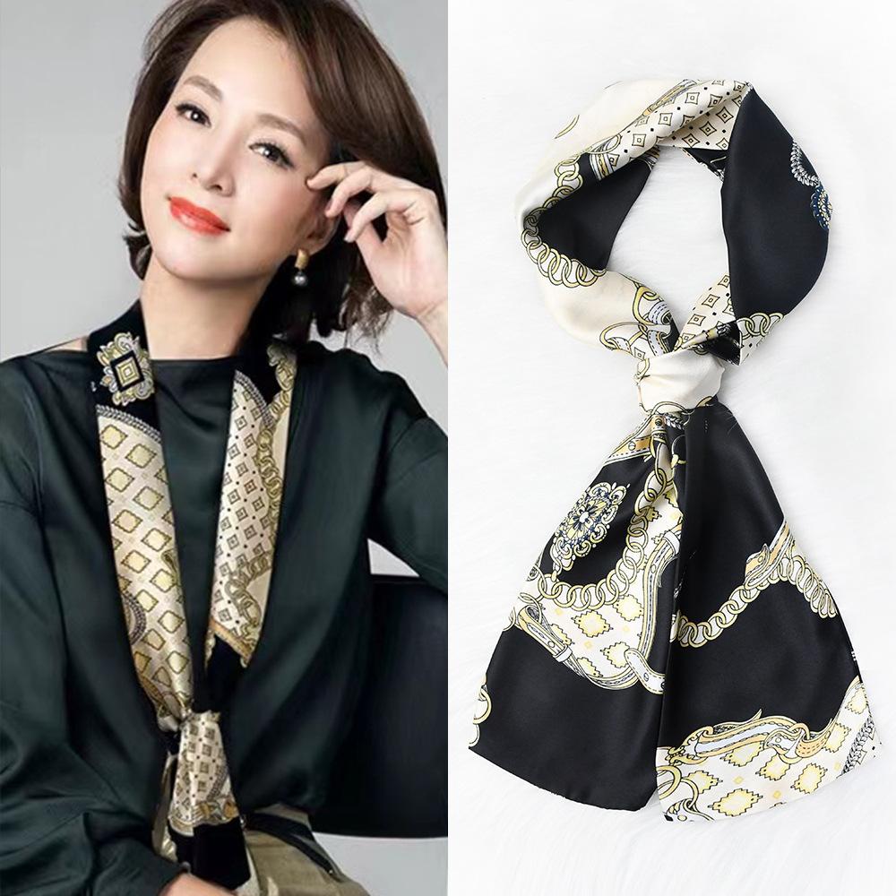 Silk Scarf For Women Luxury Floral Print Scrunchies Ribbon Neckerchief Hairband Soft Satin Lady Headband Bagscarf Neck Tie
